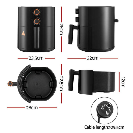 Devanti 4L Air Fryer Knob Control 1500W.