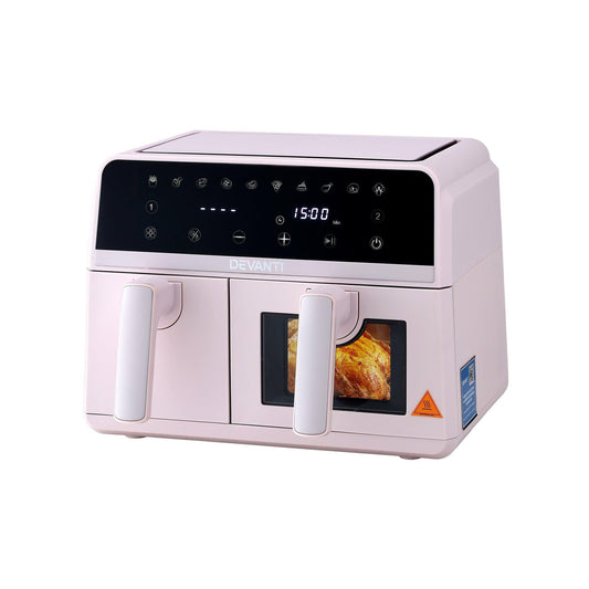 Devanti Air Fryer 9L Dual Zone Fryers 2600W Pink.