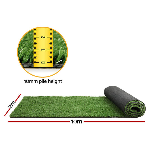 Prime Turf Artificial Grass 2mx10m 10mm Synthetic Fake Lawn Turf Plant Plastic Olive.