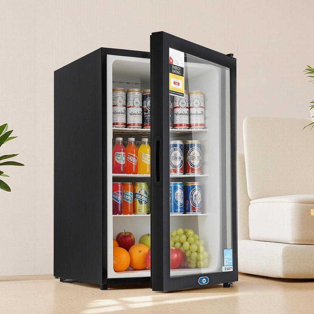 Devanti 105L Bar Fridge Glass Door Mini Fridge Countertop Cooler Black.