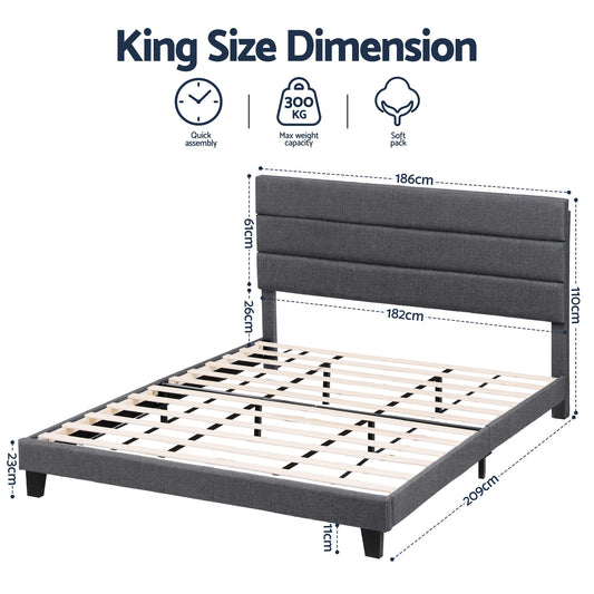 Artiss King Bed Frame Upholstered Platform Base with Geometric Headboard Charcoal Grey Linen Wood Slats for Modern Bedroom Furniture Home Decor