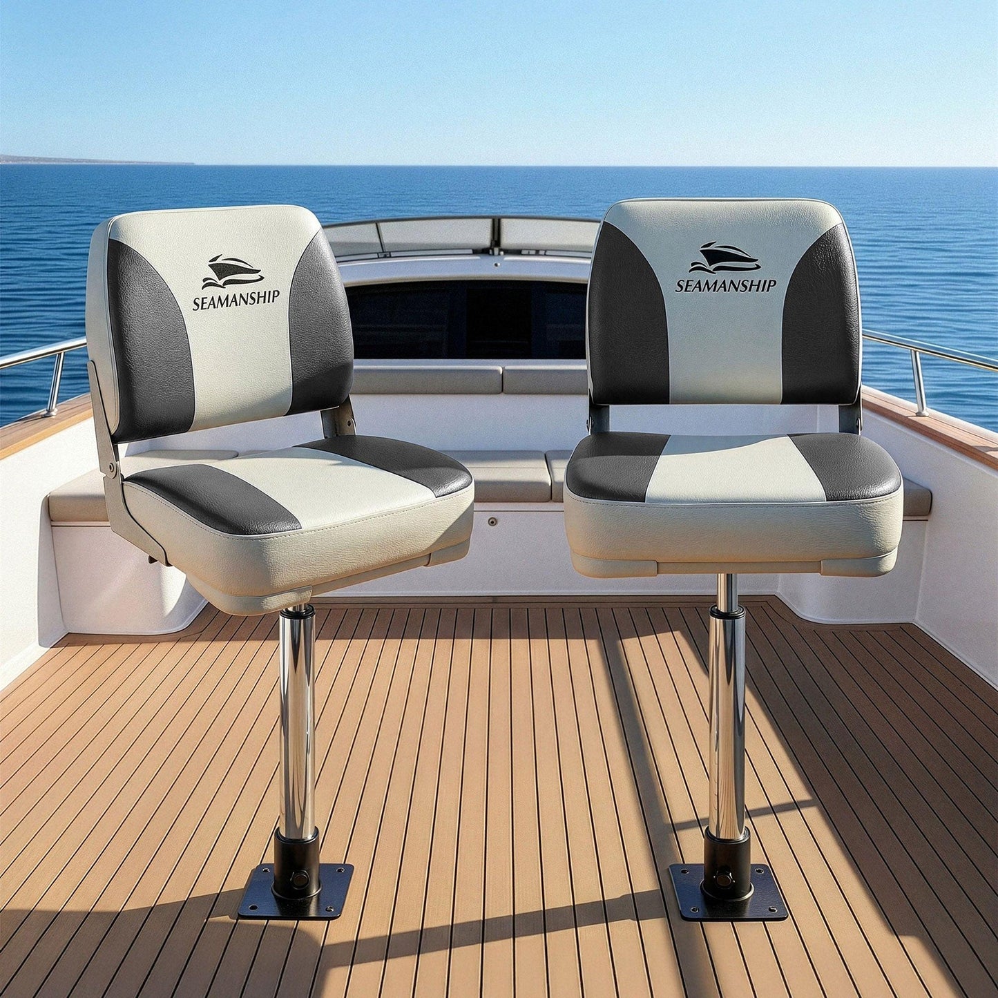 Seamanship 2X Folding Boat Seats with 2X Adjustable Pedestals 55â75cm Marine Swivel Low Back 13cm Padding Charcoal.