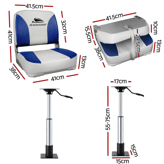 Seamanship 2X Folding Boat Seats with 2X Adjustable Pedestals 55â75cm Marine Swivel Low Back 13cm Padding White Blue.