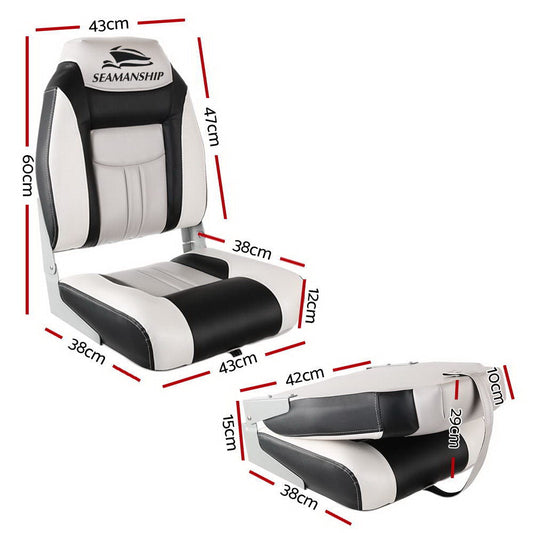 Seamanship 2X Folding Boat Seats Marine Seat Swivel High Back 12cm Padding Grey.