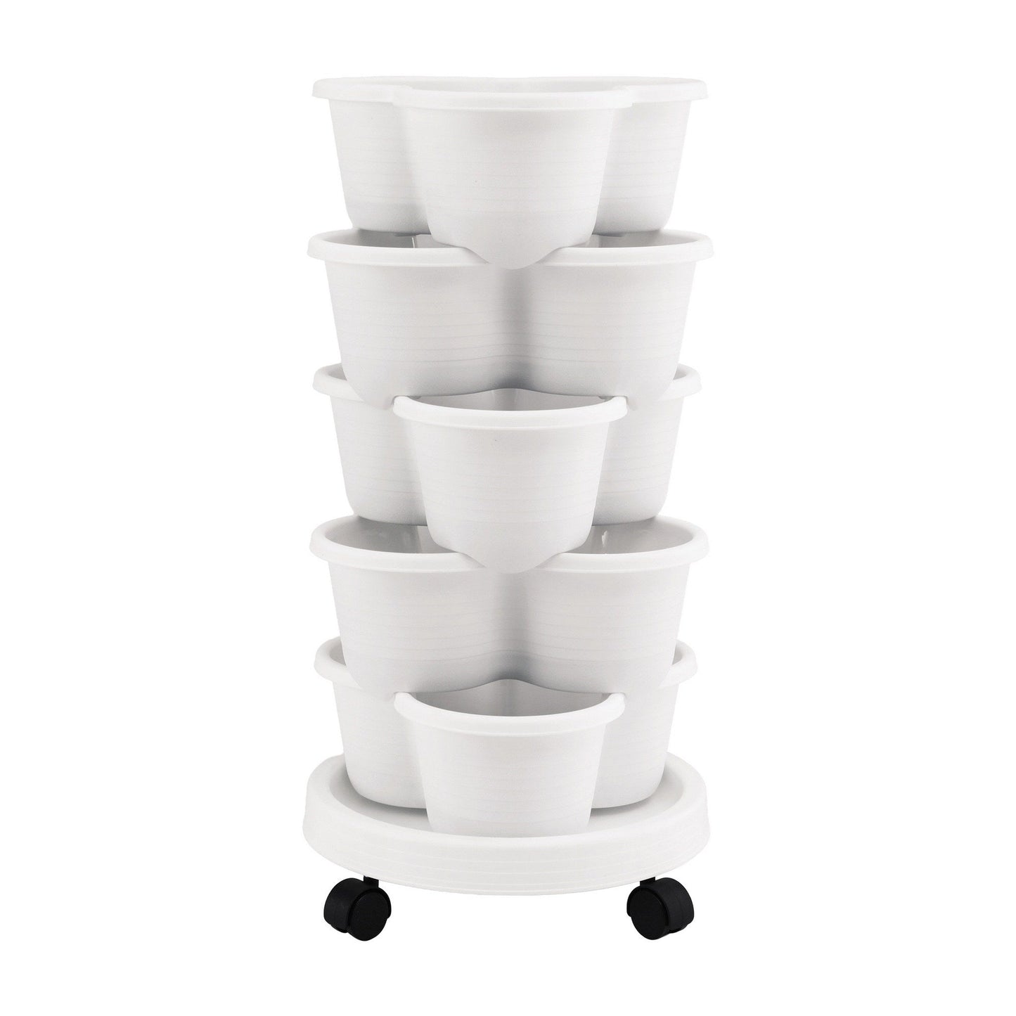 Green Fingers 5 Tier Vertical Garden Planter, Stackable Planters with Wheels, White, Garden Bed, Garden Tower Indoor Outdoor, Auto Drainage System, for Strawberries, Herbs, Flowers, Vegetables