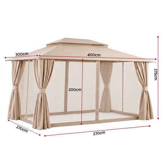Instahut Gazebo 3x4m Canopy Outdoor Steel Frame Patio Tent Curtains Marquee Beige