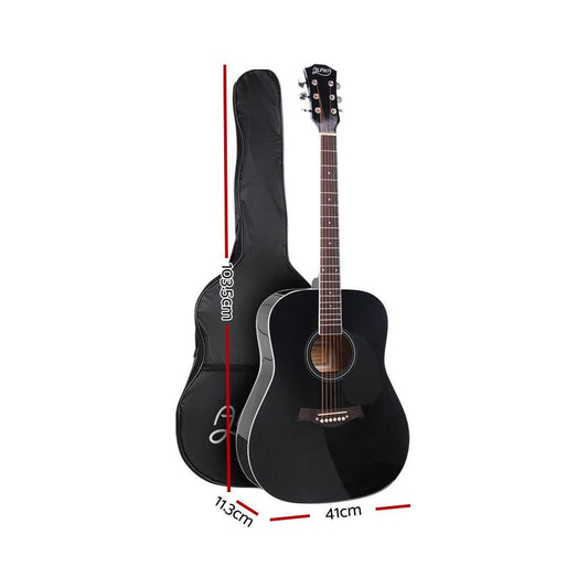 Alpha 41 Inch Acoustic Guitar Wooden Body Steel String Dreadnought Stand Black.
