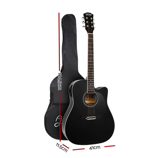 Alpha 41 Inch Acoustic Guitar Equaliser Electric Output Cutaway w/ Stand Black.