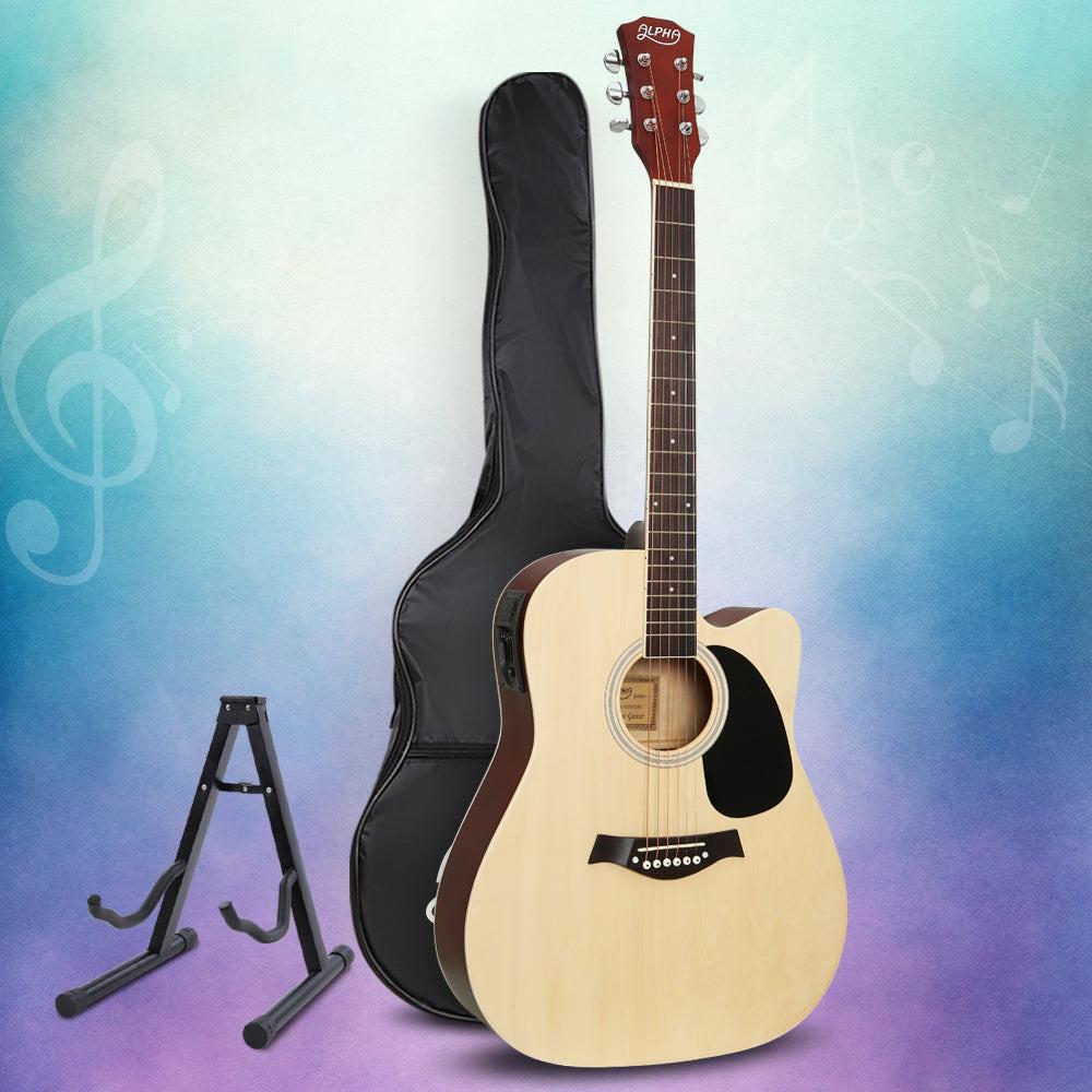 Alpha 41 Inch Acoustic Guitar Equaliser Electric Output Cutaway w/ Stand Wood.