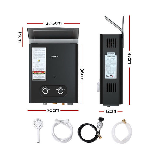 Devanti Portable Gas Water Heater LPG-powered System Black.