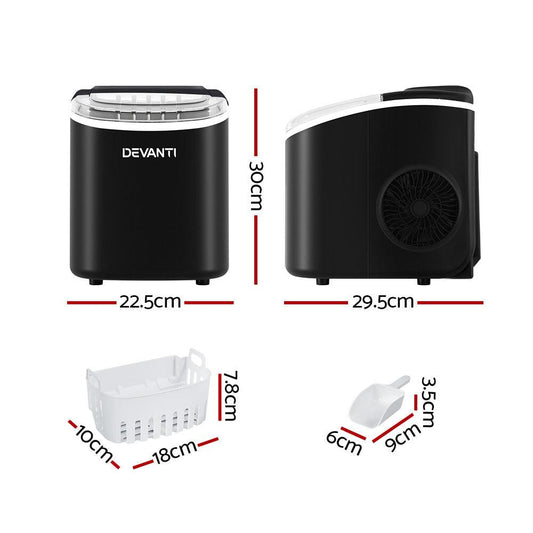Devanti Portable Ice Maker Machine Ice Cube Tray 12kg Bar Countertop Black.