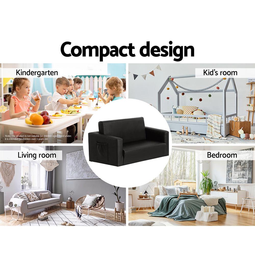 Keezi Kids Sofa 2 Seater Children Flip Open Couch PU Leather Armchair Black.