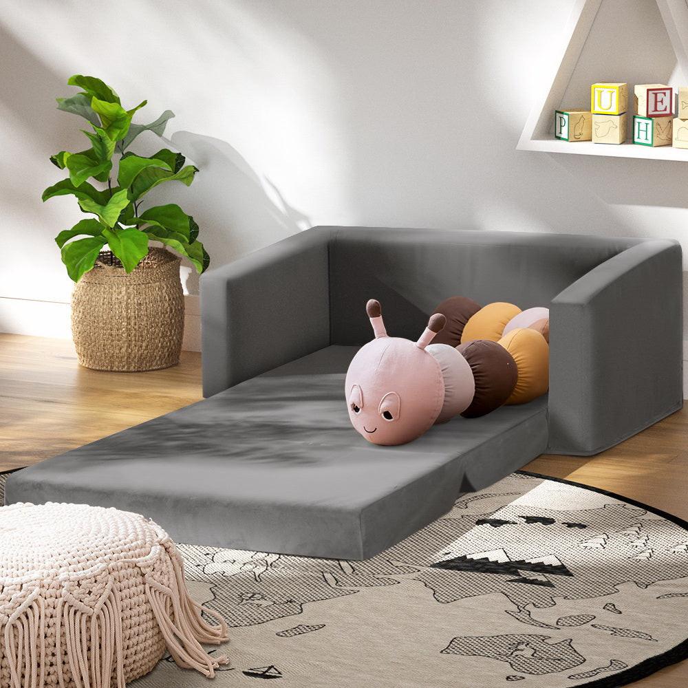 Keezi Kids Sofa 2 Seater Children Flip Open Couch Velvet Armchair Grey.