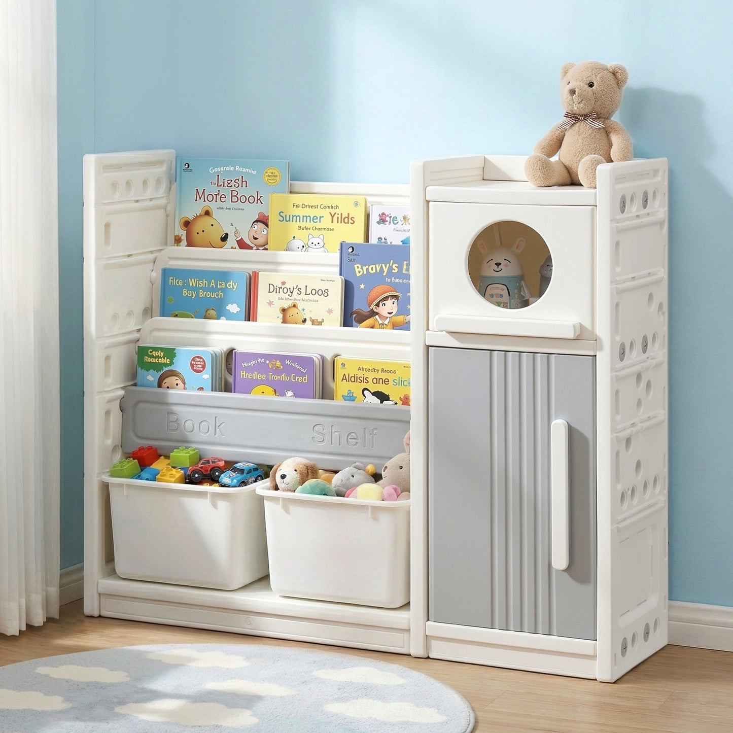 Keezi Kids Bookshelf and Toy Storage Organizer with 3-Tier Bookshelvs, 2 Removable Bins and 2 Storage Cabinets, Toddler Bookshelf with Toy Organizer for Kids' Rooms, Playrooms