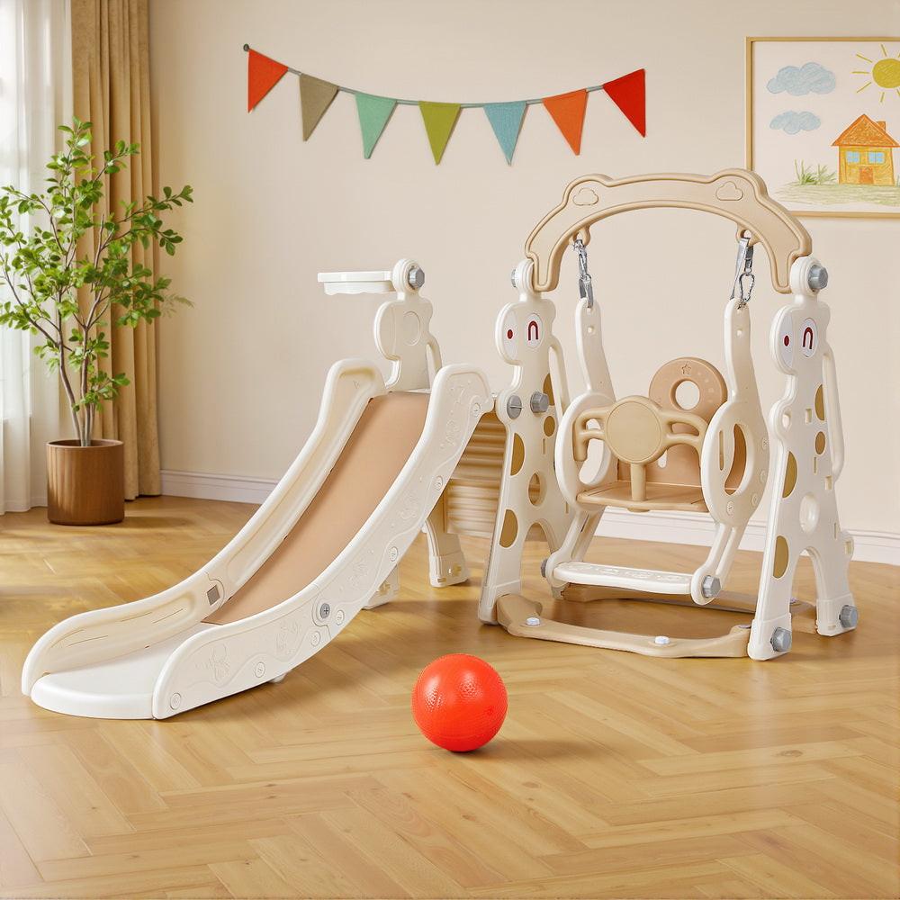 Keezi Kids Slide Swing Set Basketball Hoop Outdoor Playground Toys 160cm Beige.
