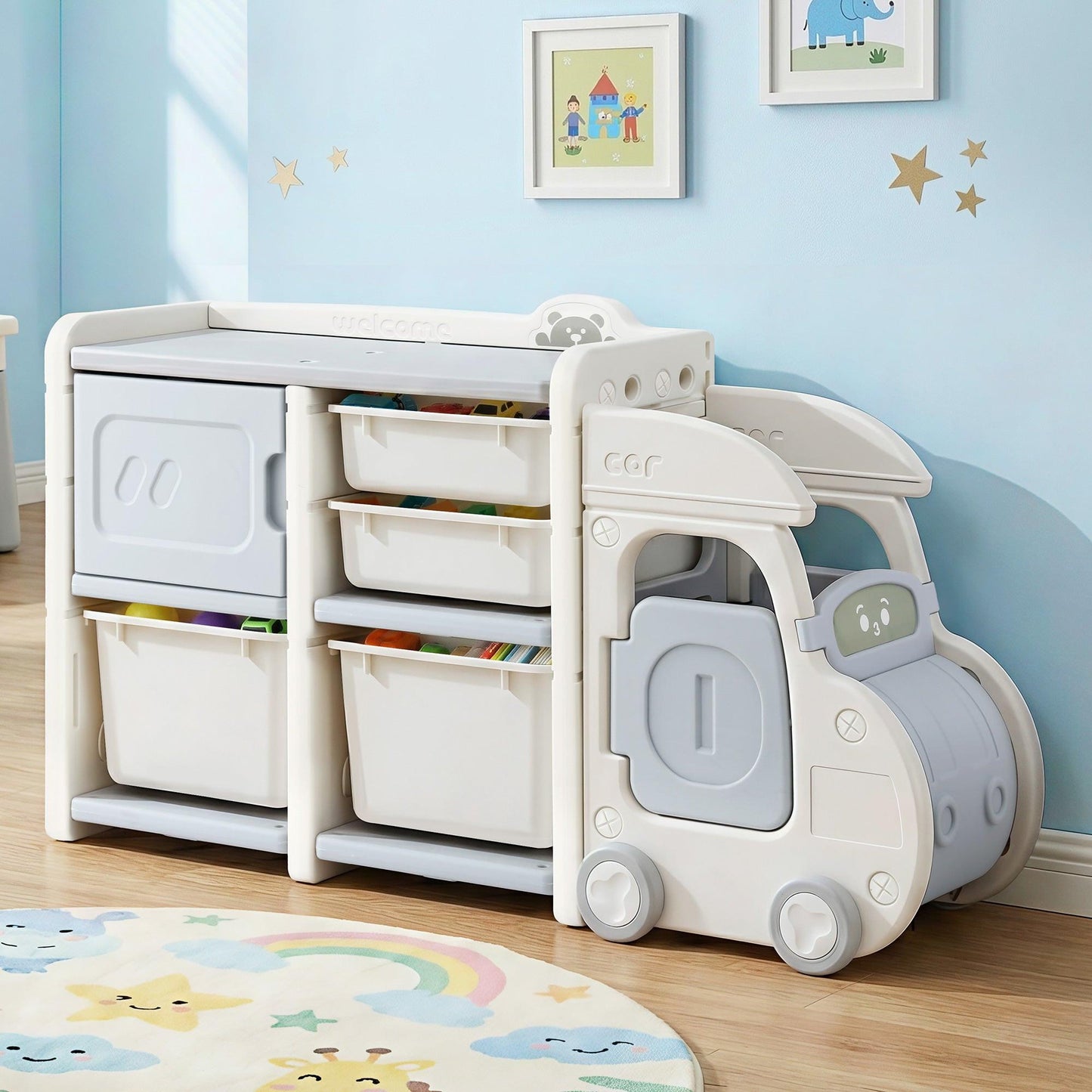 Keezi Toy Storage Organizer with 4 Storage Bins and Cabinet, Bookcase Kids Toys Box, Toy Storage for Kids Room, Playroom, Bedroom, Nursery, Car Shaped.