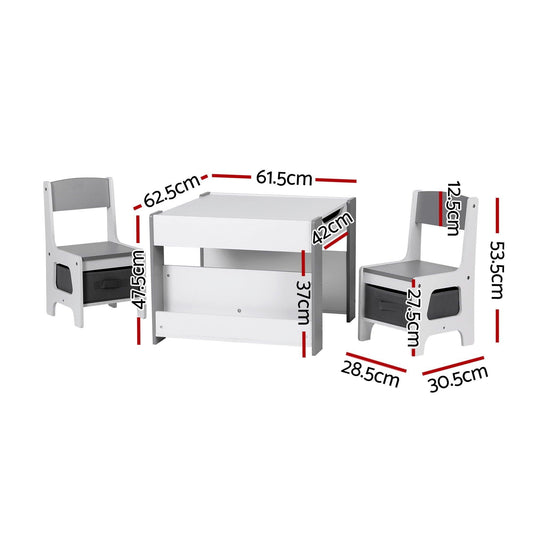 Keezi Kids Table and Chair Set, 4 in 1 Wooden Activity Table with Bookcase, Storage Box and Detachable Blackboard, Toddler Table and 2 Chairs Set, Grey.