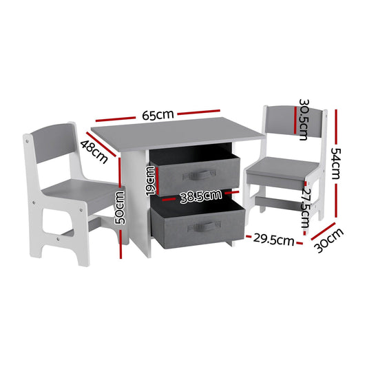 Keezi Kids Table and 2 Chairs Set Wooden Activity Table wit 2 Storage Drawers, Toddler Table and Chair Set for Children Drawing, Reading, Crafts, Eating, Grey.