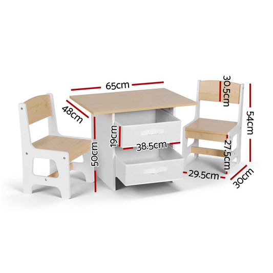 Keezi Kids Table and 2 Chairs Set Wooden Activity Table wit 2 Storage Drawers, Toddler Table and Chair Set for Children Drawing, Reading, Crafts, Eating, Natural.