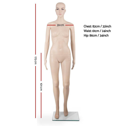 175cm Tall Full Body Female Mannequin - Skin Coloured.