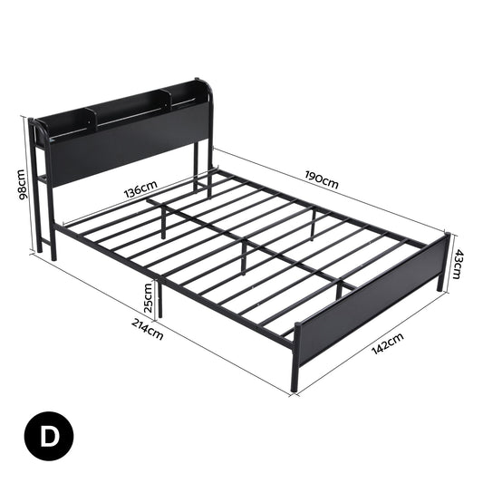 Artiss Bed Frame Double Size with Storage Shelf Headboard Charging Station GRID
