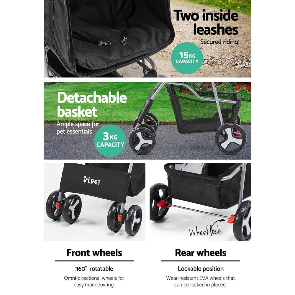 i.Pet 4 Wheel Pet Stroller - Black.
