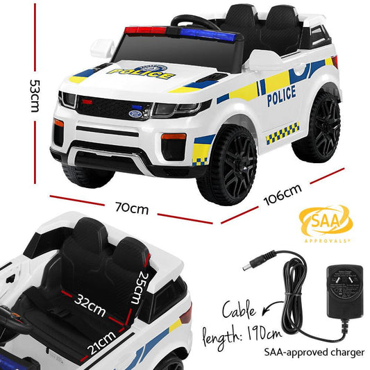 Rigo Kids Electric Ride On Patrol Police Car Horn Music Remote White.