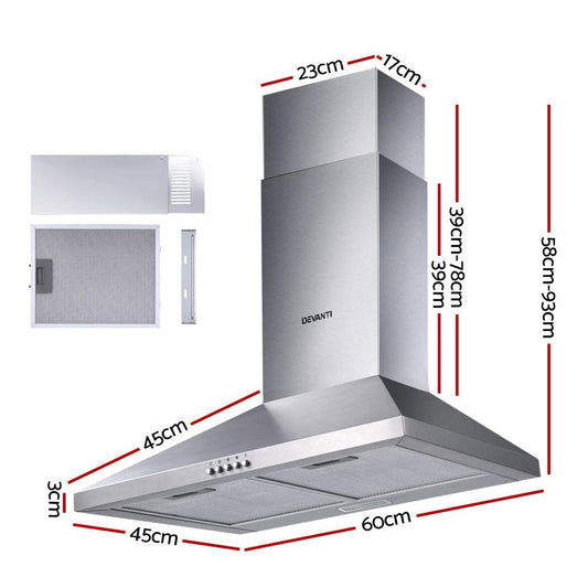 Devanti 600mm Range Hood 60cm Rangehood Stainless Steel.