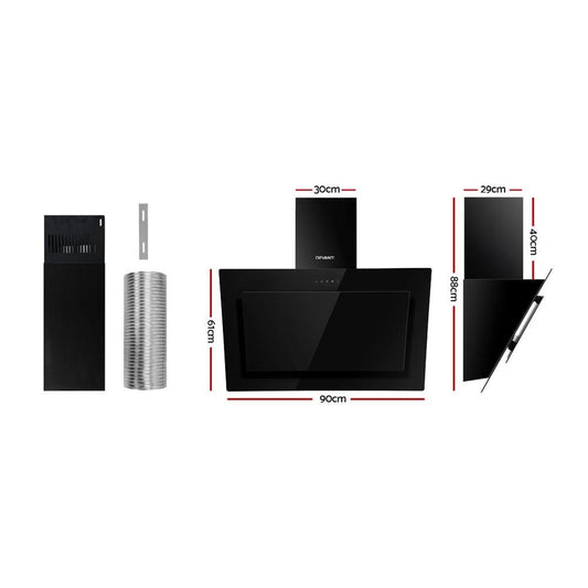 Devanti 900mm Range Hood 90cm Rangehood Glass Black.