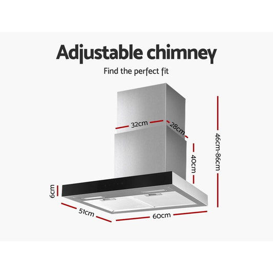 Devanti 600mm Range Hood 60cm Rangehood Glass Stainless Steel.