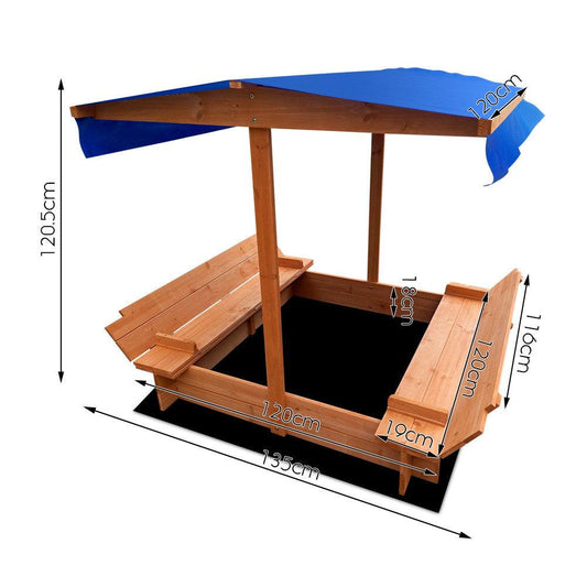 Keezi Kids Sandpit Wooden Sandbox Sand Pit with Canopy Foldable Seat Toys 120cm.