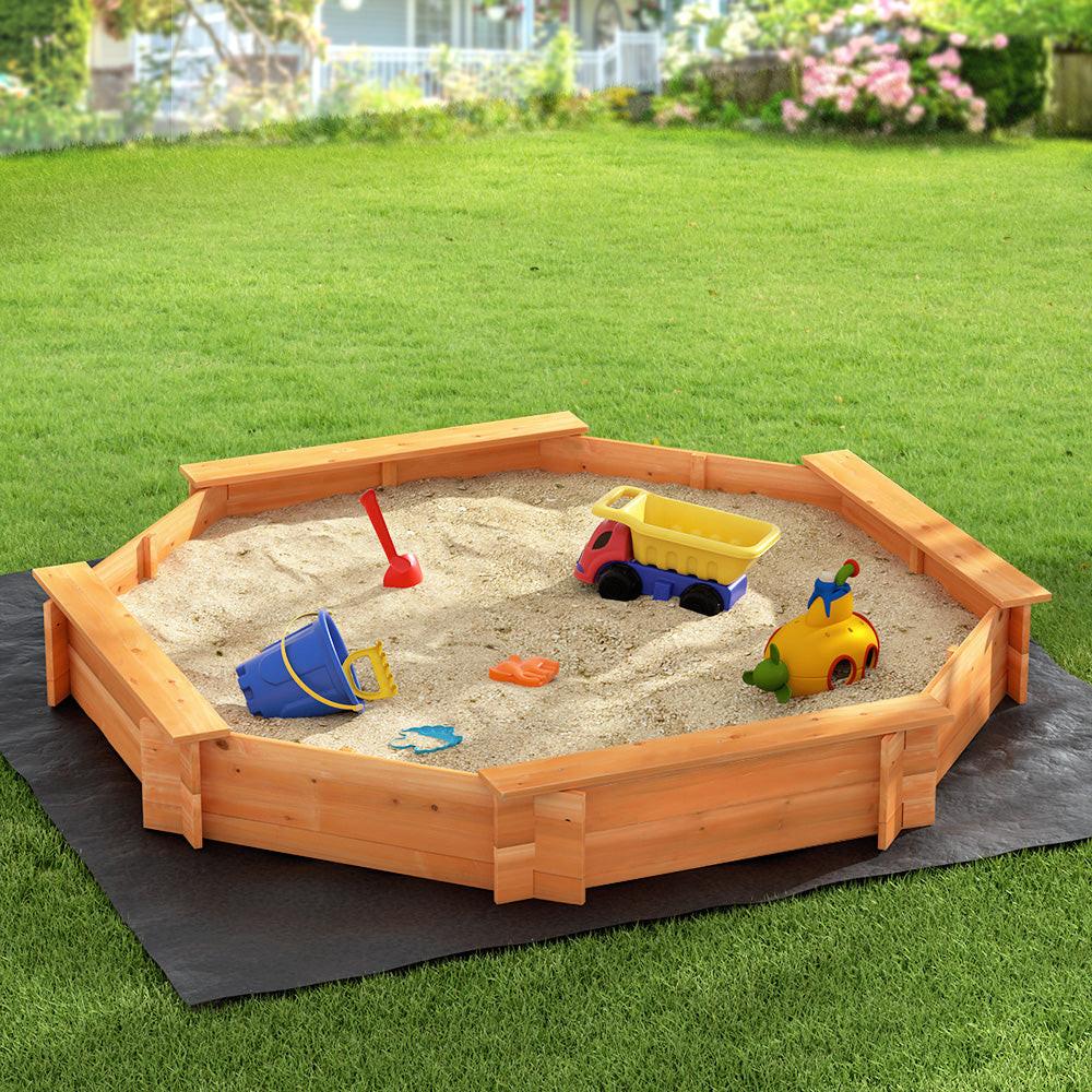Keezi Kids Sandpit Wooden Round Sand Pit with Cover Bench Seat Beach Toys 182cm.