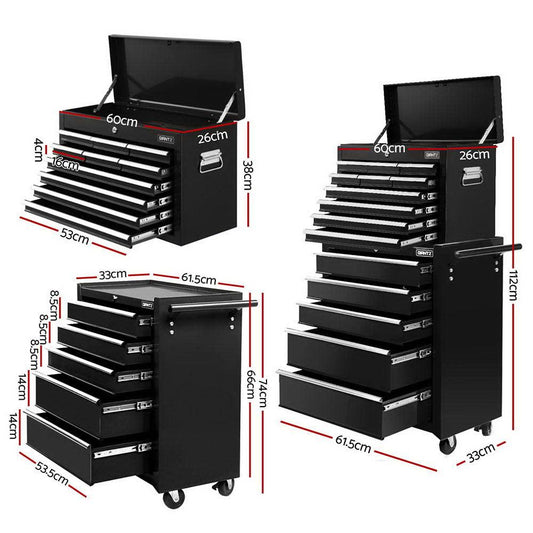 Giantz 15 Drawers Tool Chest Trolley Toolbox 2-in-1 Storage Black.