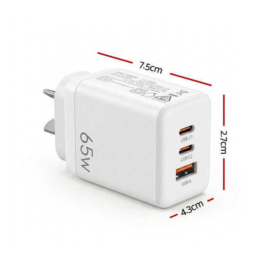 Devanti USB C Charger 65W Fast Charger 3 Port PD Wall Adapter White