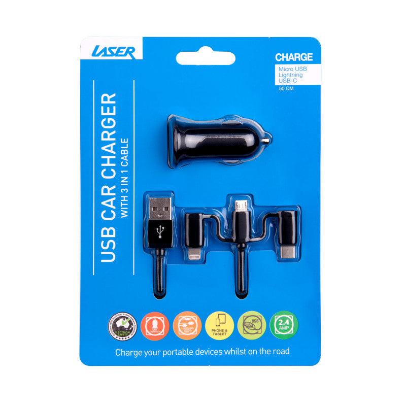 Laser USB Car Charger Black with 3-in-1 Cable: Micro USB, Type-C.