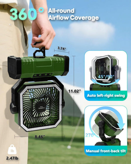 20000mAh Portable Camping Fan, Rechargeable Battery Operated Oscillating Camp Tent Fan W/Remote control, 4 Speeds, LED lights & 360° Rotation Hook for Outdoor RV Travel Green.