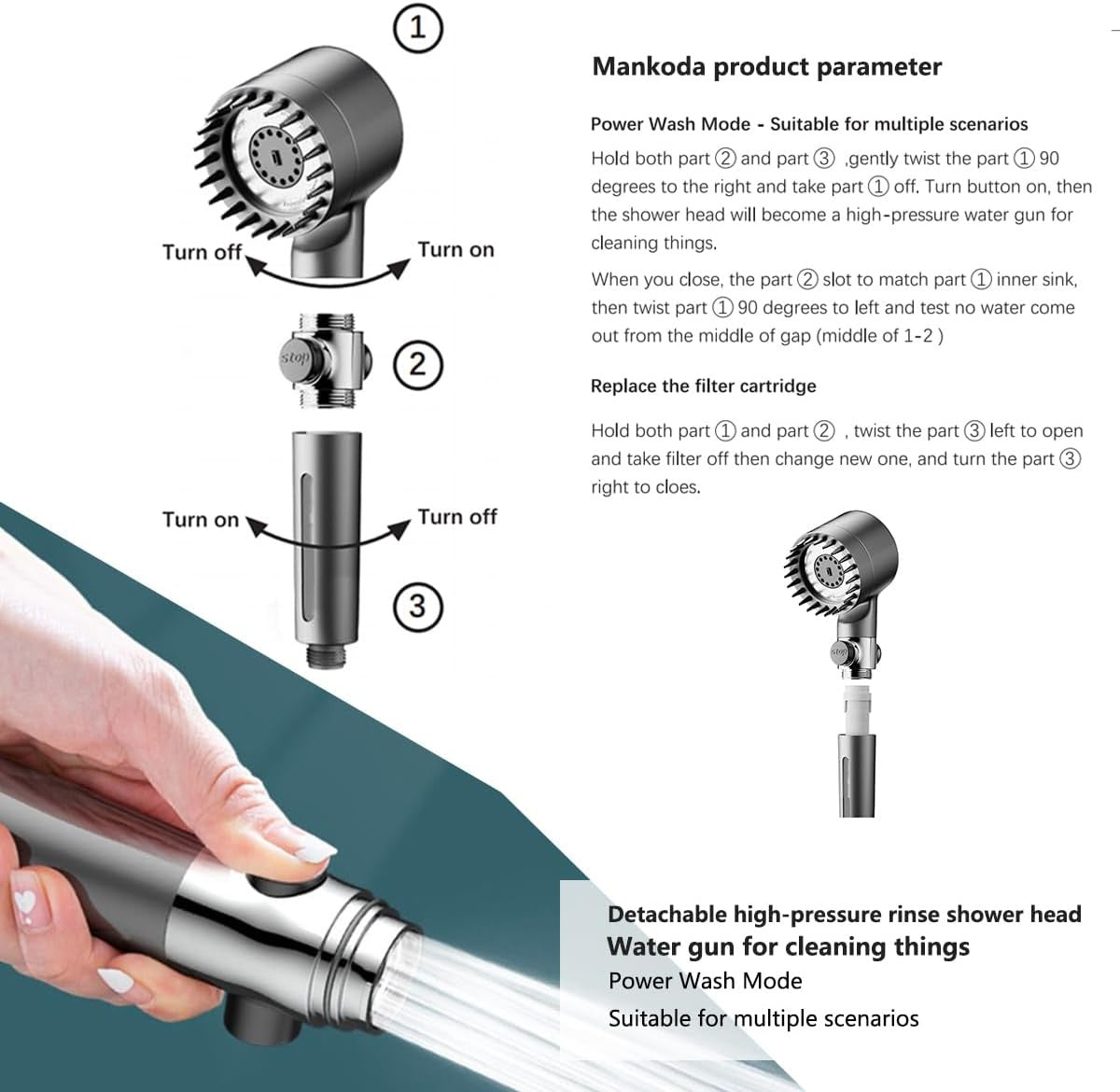 High Pressure Filtered Shower Head - 3 Spray Modes Shower head with Handheld, Detachable Showerhead for Hard Water | Shower with 75" Anti-Burst Hose