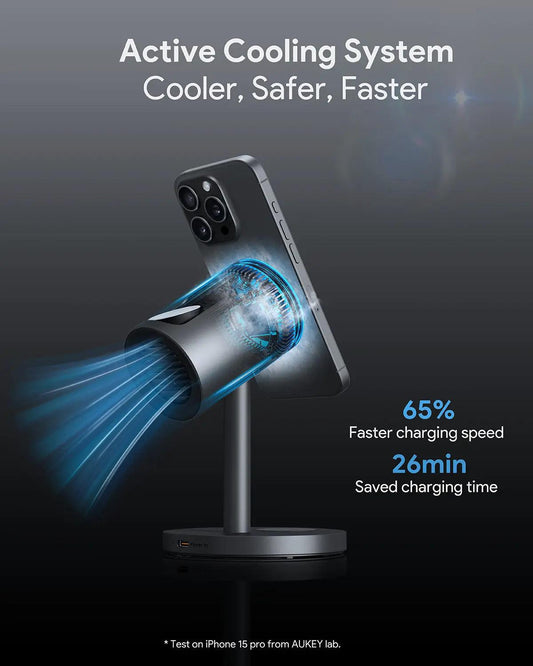 Aukey MagFusion 3-in-1 Pro Qi2 Magnetic Fast Wireless Charging Station with Active Cooling (LC-MC311A).