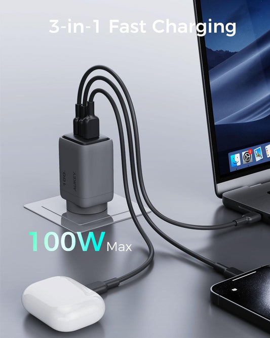 Aukey Comet 100W PD Fast Wall Charger GaN USB-C with 100W 1.8m USB-C to C Cable (PA-C5).