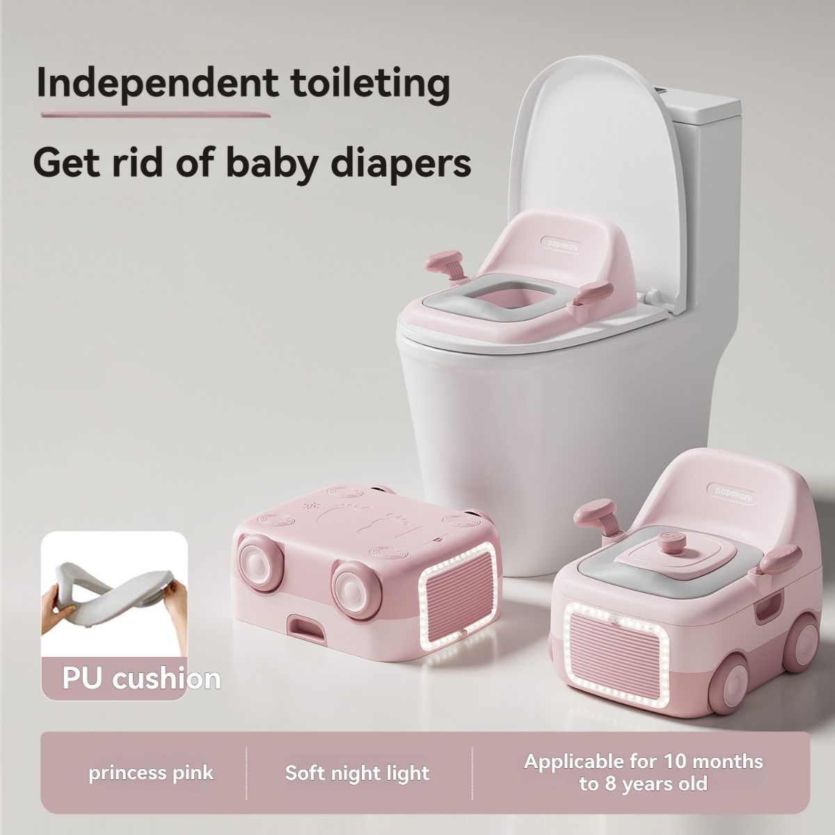 baby portable toilet, potty training, weaning off diapers, soft PU cushion, night-light, bathroom accessories, Australian market, toddler toilet seat - Monet Grey - Size Three