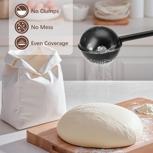 Flour Duster, One-Hand Operation, 304 Stainless Steel Powder Sugar Bowl Dusting Duster, Dusting Flour Sieve,Black