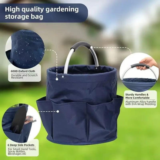 Premium Blue Gardening Storage Bag made of durable 600D Oxford cloth, features 6 deep side pockets for small hand tools, spray bottles, beverages, and more. Equipped with an aluminum alloy handle wrapped in EVA molding for enhanced comfort and longevity..