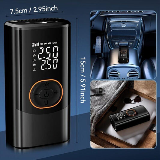Portable air compressor for tires with digital pressure gauge, 150PSI rechargeable battery, LED light, wireless bicycle tire pump for cars, motorcycles, bicycles, etc., black.