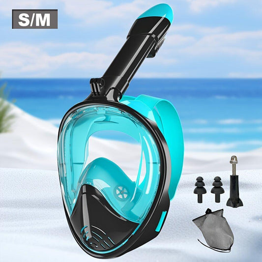 L/XL full-face silicone snorkeling mask, full-dry panoramic snorkeling mirror, camera bracket, large frame anti-leakage and anti-fog swimming mirror set, suitable for adults..