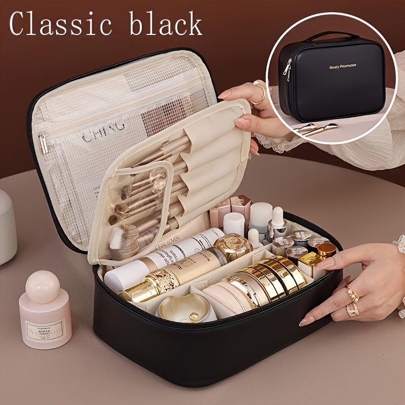 High-capacity multi-layer travel makeup organizer, featuring removable compartments and a brush holder—a portable beauty case, elegantly painted storage box, designed as a standalone unit, no assembly required.(pink)