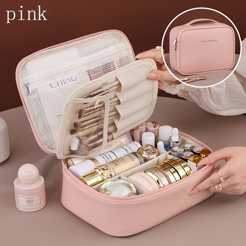 High-capacity multi-layer travel makeup organizer, featuring removable compartments and a brush holder—a portable beauty case, elegantly painted storage box, designed as a standalone unit, no assembly required.(WHITE)