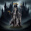 Dark Mystical Goddess Ornament — wearing a golden ray-like headdress, her face hidden beneath a dark robe, with a cross necklace adding to the mysterious aura. She holds a crescent moon prop in one hand and a flaming torch scepter tightly in the other.