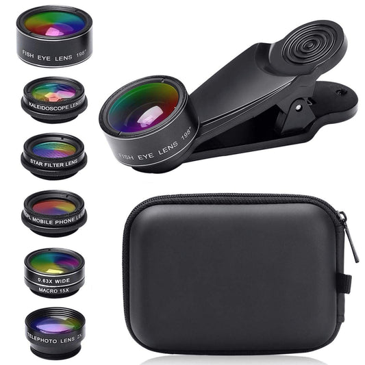 15-in-1 kit with multiple special effects functions, compatible with iPhone and Android smartphones. Includes: 198 fisheye, 0.63x wide angle, 15x macro, 2x telephoto, CPL polarizer, kaleidoscope lens, star filter, mist filter, radial filter.