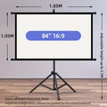 84inPortable and mobile projection screen with tripod stand, 16:9 HD format, suitable for home theater and indoor wall mounting. Made of polyester fabric, easy to set up and use. Ideal for office presentations and home entertainment, ready to use right ou.