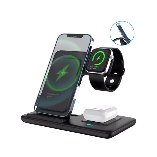 Multi-device 3-in-1 Foldable Wireless Charging Station | iWatch Series 9 8 7 6 SE 5 4 3 2, Ultra Airpods Pro 3 2, iPhone 17/16/15/14/13/12/11 Rapid Charging Stand - Magnetic Connector, USB Power Supply.